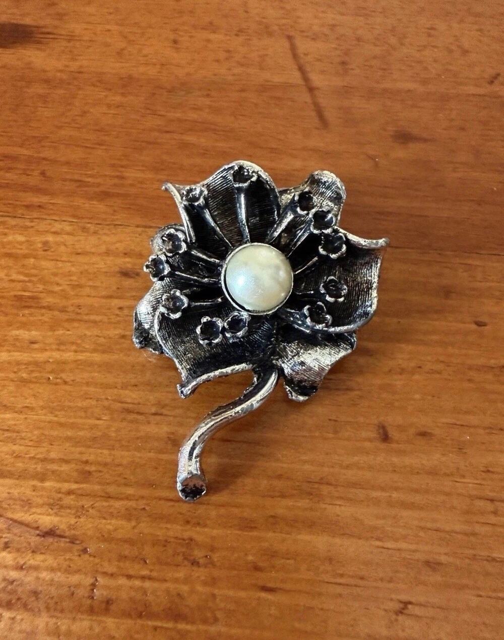 Vintage Silver Tone Flower Brooch Luminous Faux Pearl Center Floral Statement